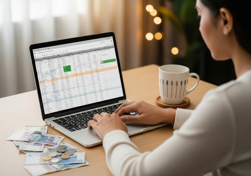 Person managing monthly expenses on a desk with a laptop, calculator, Pakistani rupee notes, and coffee mug