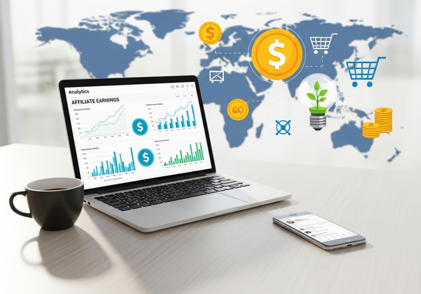 Affiliate marketing guide for passive income online with laptop and growth charts – global earnings concept.