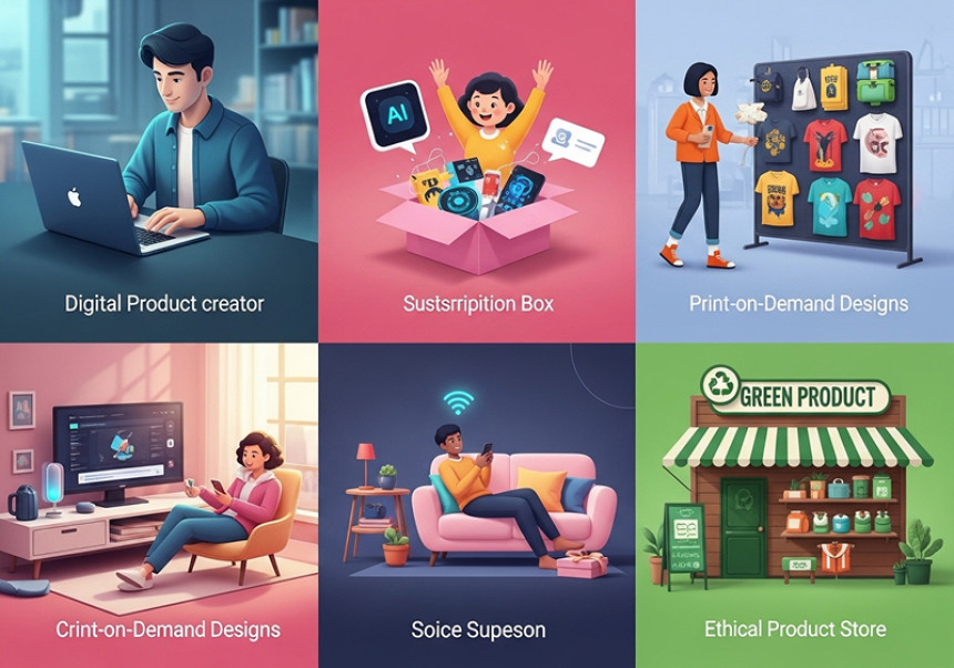 Five futuristic e-commerce business models in 2025 – digital products, AI subscription boxes, print-on-demand, voice commerce, and ethical goods