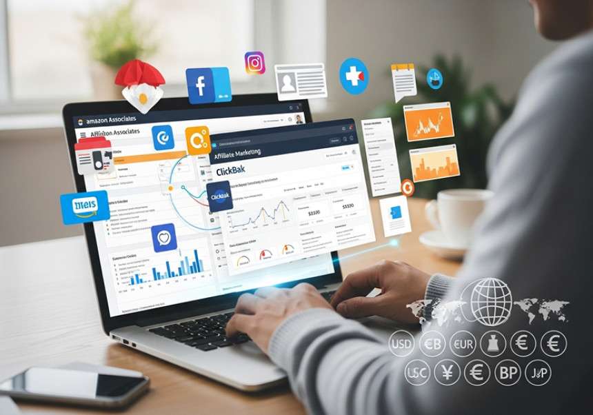 Affiliate marketer working online with dashboards, commissions, and referral links — global affiliate marketing in 2025