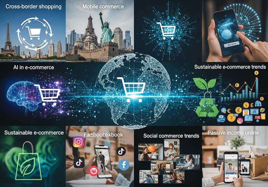 global e-commerce 2025, online business, cross-border shopping, mobile commerce, AI in e-commerce, sustainable e-commerce, social commerce trends, passive income online