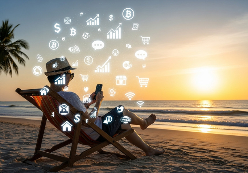 Relaxed person earning passive income online from multiple sources in 2025