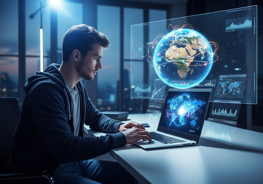 “Young entrepreneur launching a digital startup on a laptop, futuristic graphs and global connections.”  Alt text: “Digital-f